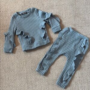 Rare Too! Ruffled Ribbed Knit Set in Blue